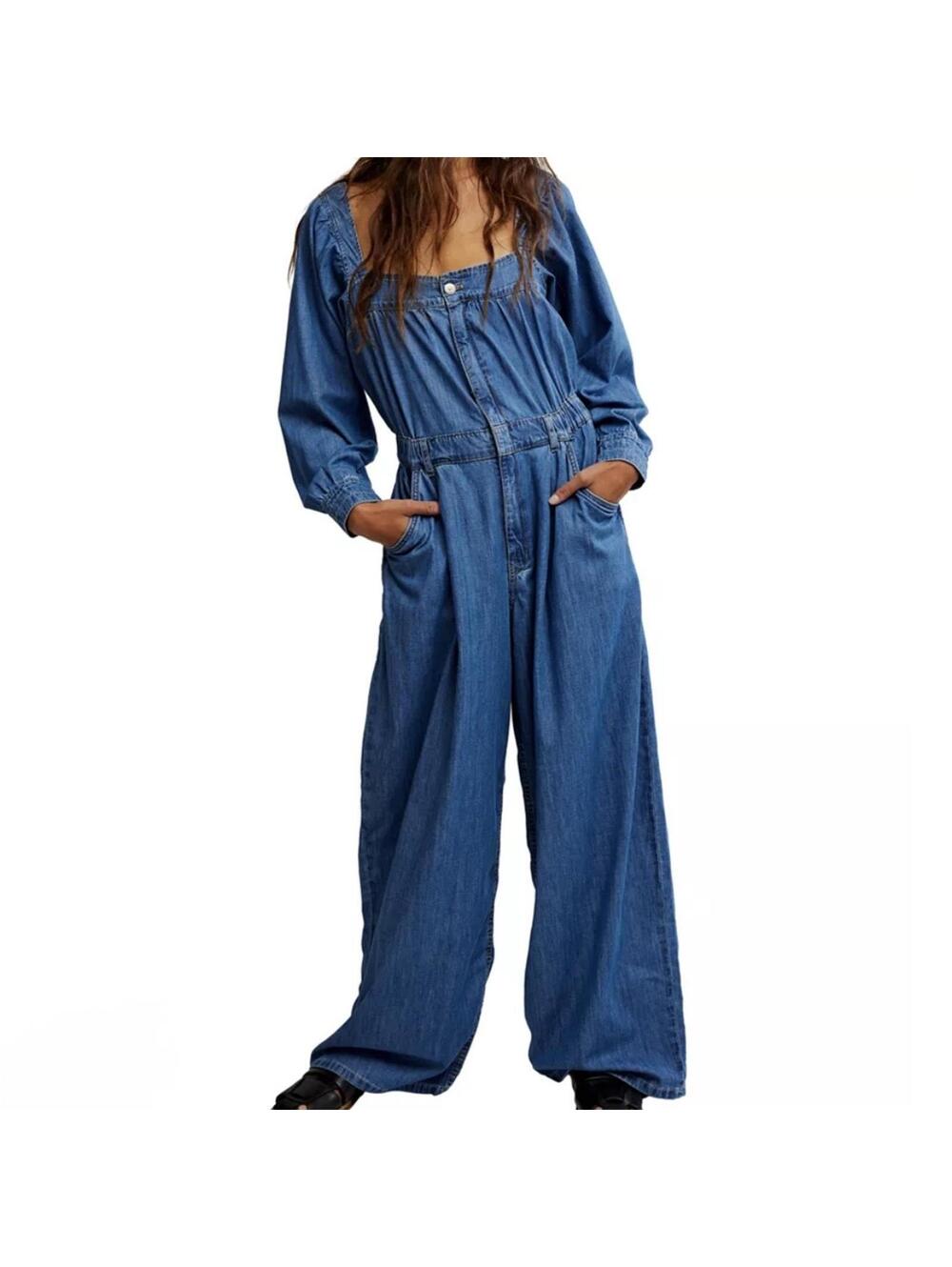 NWT Free People Clara Denim Jumpsuit with Open Back and Wide Legs size S